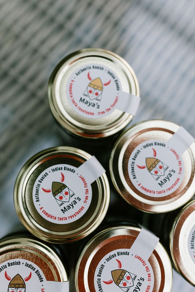 top with stickers of chilli sauce jars