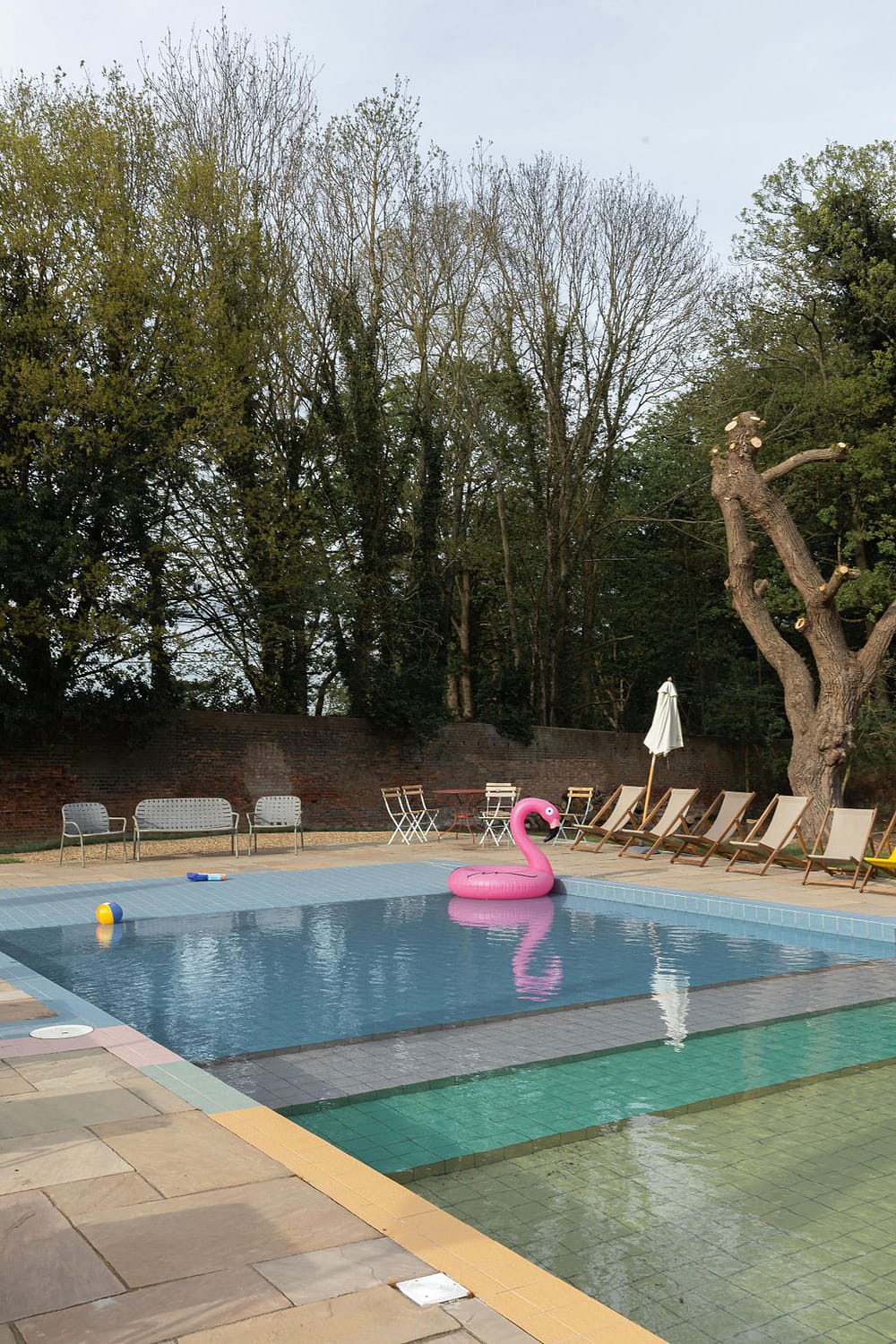 pink flamingo floating in outdoor swimming pool
